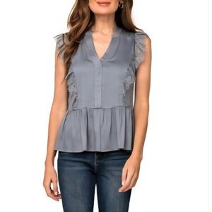 Gibsonlook Women XSmall V-neck Sleeveless Peplum Top Blouse State Gray Lace Trim